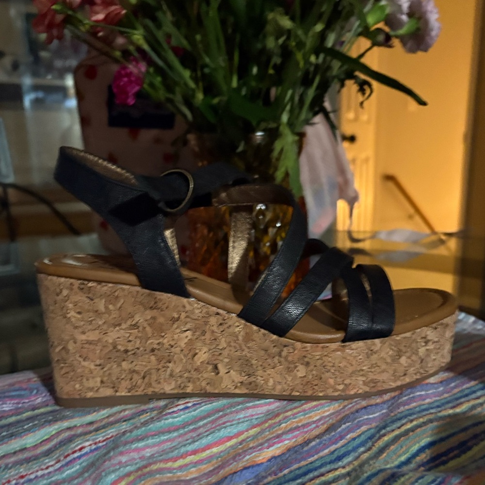Black and Brown Wedge Sandals with Cork Heel